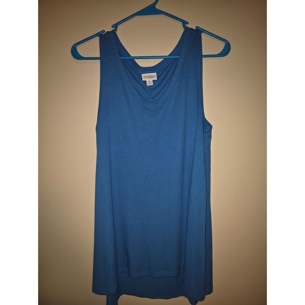 LuLaRoe Blue Ribbed Tank Top Womens Medium V-Neck Sleeveless High Low Hem Shirt